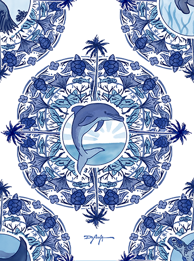 Delft Blue Dolphin Blue and White Fine Art Canvas Print