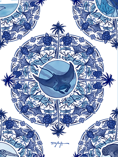 Delft Blue Manta Ray Blue and White Fine Coastal Art Canvas Print 18" x 24"
