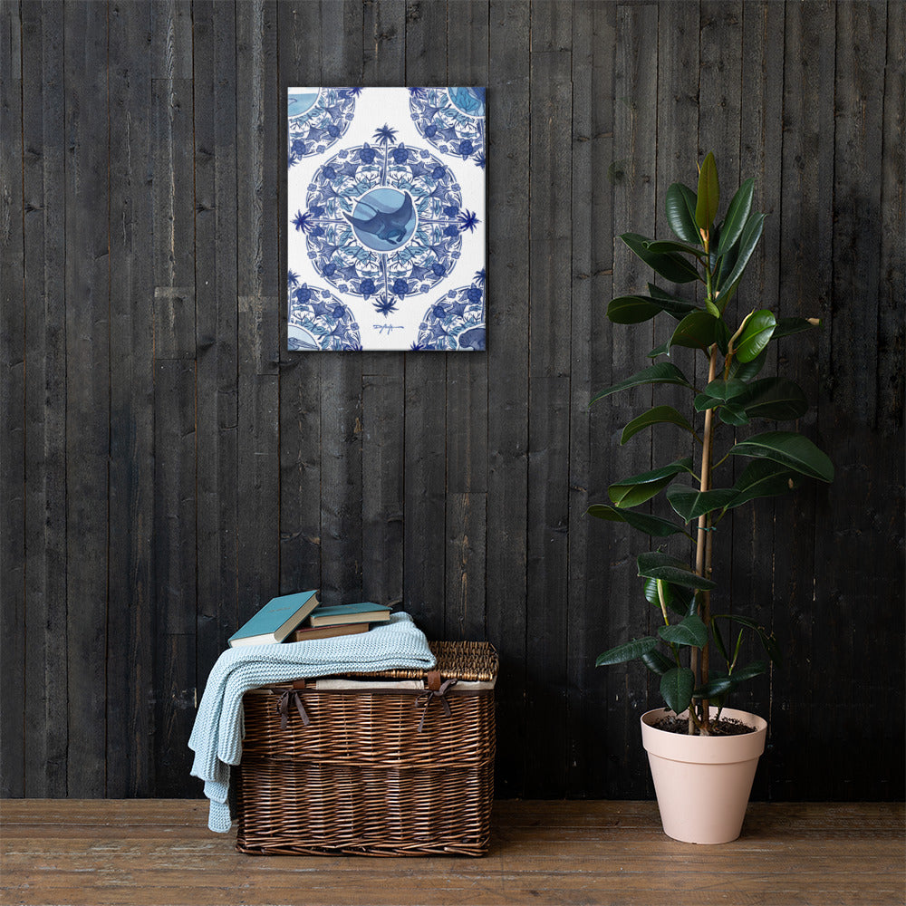 Delft Blue Manta Ray Blue and White Fine Coastal Art Canvas Print 18" x 24"