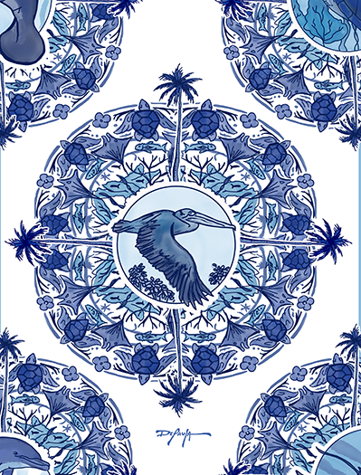 Delft Blue Pelican Blue and White Fine Coastal Art Canvas Print