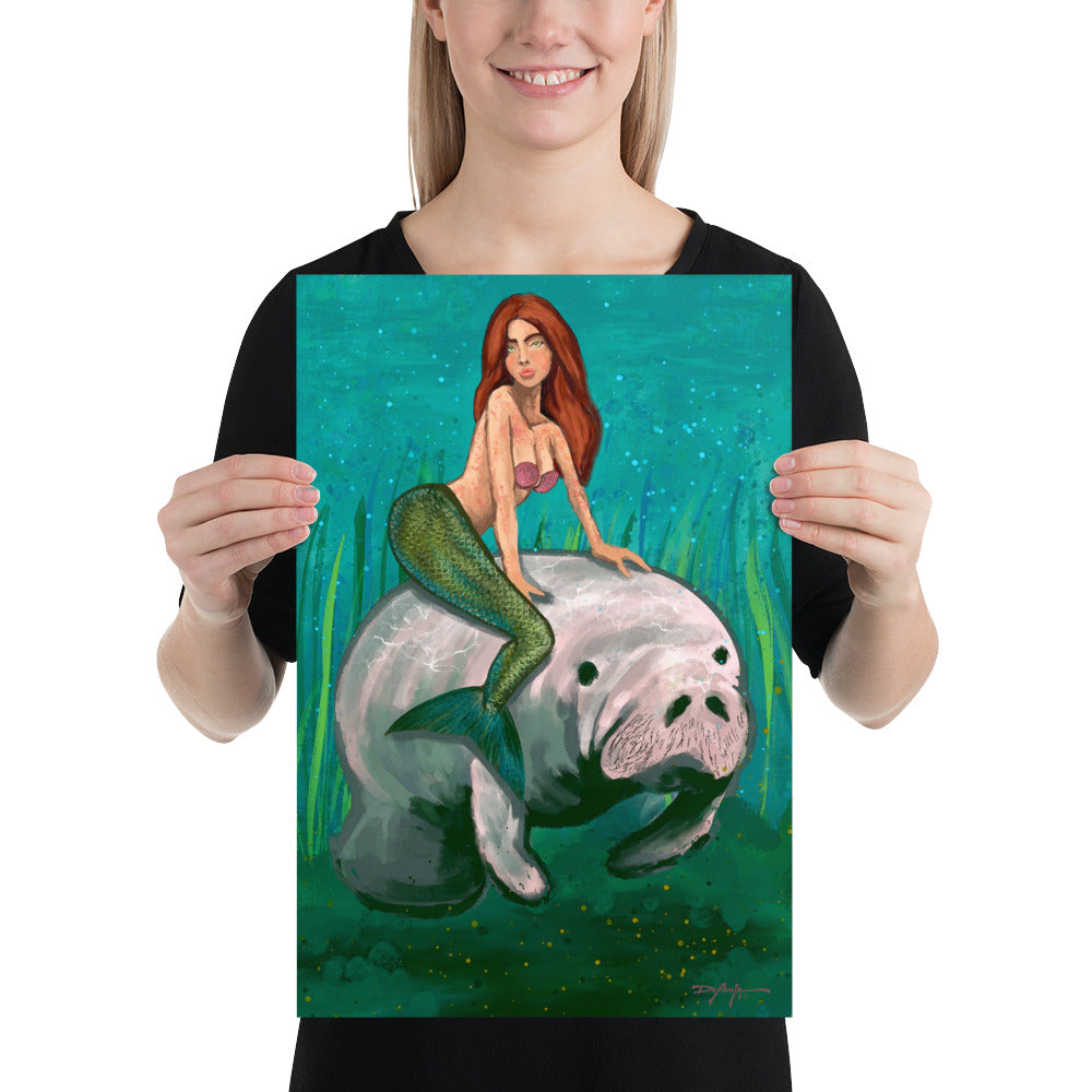 Mermaid & the Manatee Fine Coastal Art Print 12 x 18